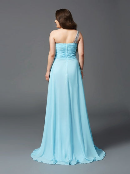 A-Line/Princess One-Shoulder Rhinestone Sleeveless Long Chiffon Plus Size Dresses