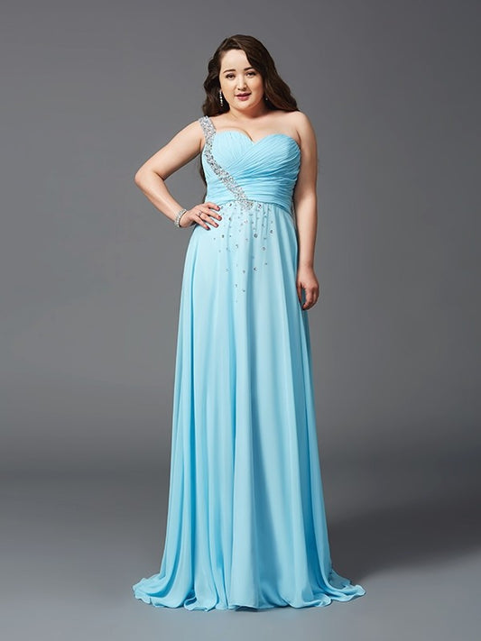 A-Line/Princess One-Shoulder Rhinestone Sleeveless Long Chiffon Plus Size Dresses