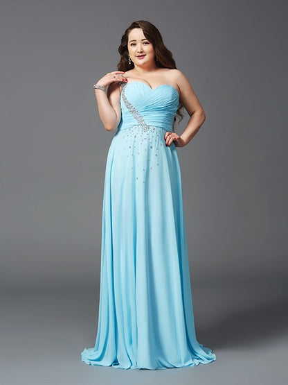 A-Line/Princess One-Shoulder Rhinestone Sleeveless Long Chiffon Plus Size Dresses