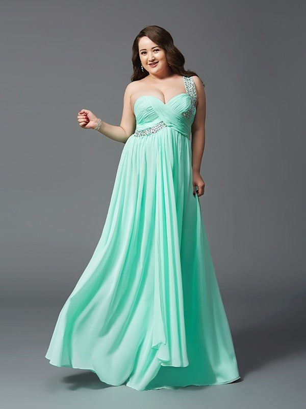 A-Line/Princess One-Shoulder Rhinestone Sleeveless Long Chiffon Plus Size Dresses