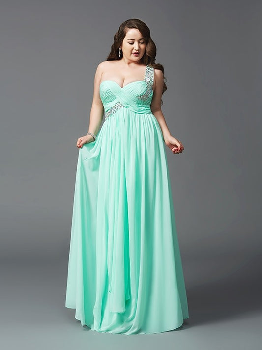 A-Line/Princess One-Shoulder Rhinestone Sleeveless Long Chiffon Plus Size Dresses