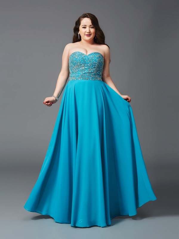 A-Line/Princess Sweetheart Beading Sleeveless Long Chiffon Plus Size Dresses