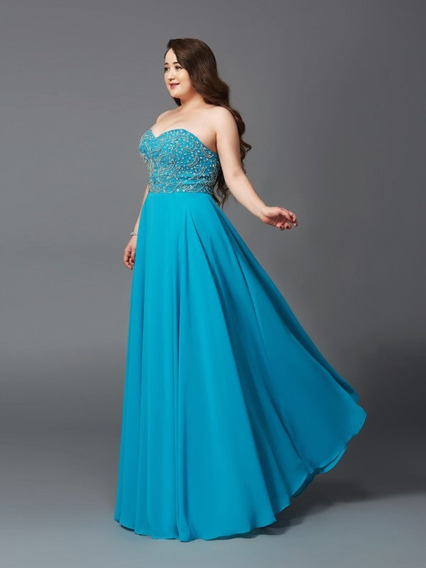 A-Line/Princess Sweetheart Beading Sleeveless Long Chiffon Plus Size Dresses