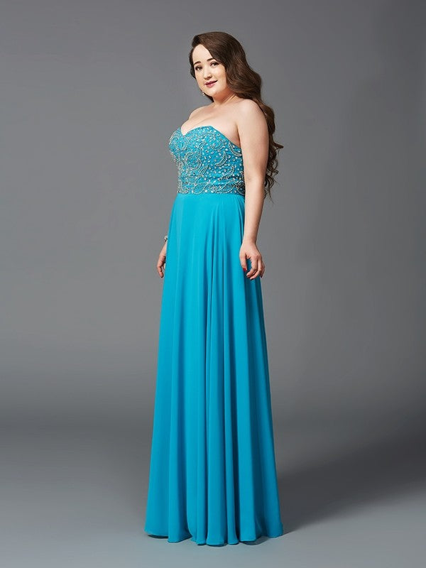 A-Line/Princess Sweetheart Beading Sleeveless Long Chiffon Plus Size Dresses