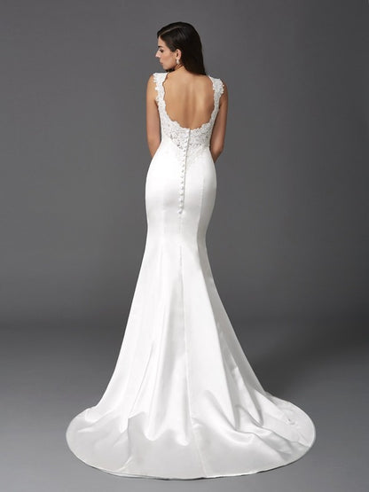 Trumpet/Mermaid Straps Beading Sleeveless Long Satin Wedding Dresses