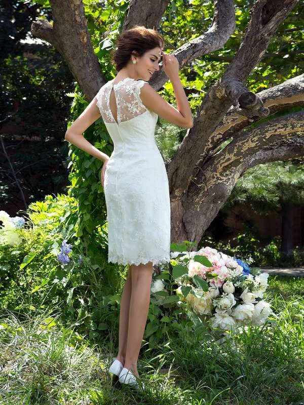 A-Line/Princess Sheer Neck Applique Sleeveless Short Satin Wedding Dresses