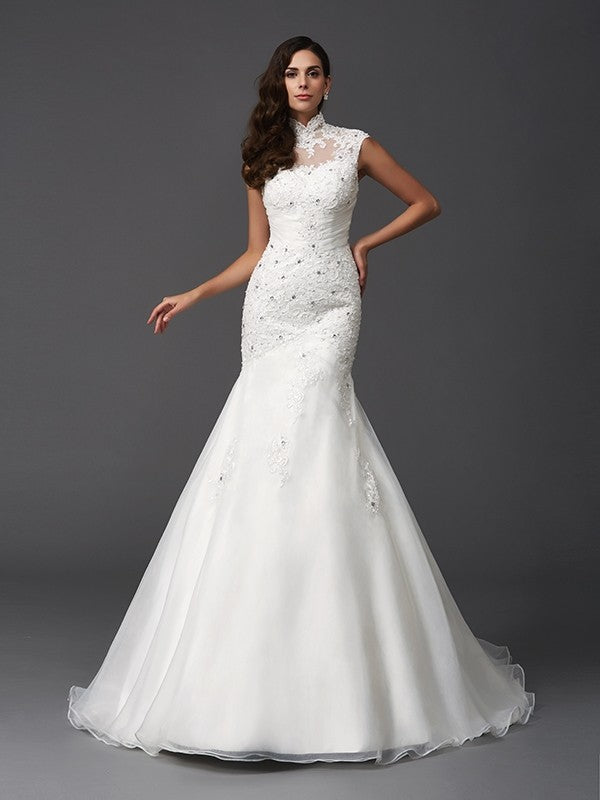 Trumpet/Mermaid High Neck Beading Sleeveless Long Organza Wedding Dresses