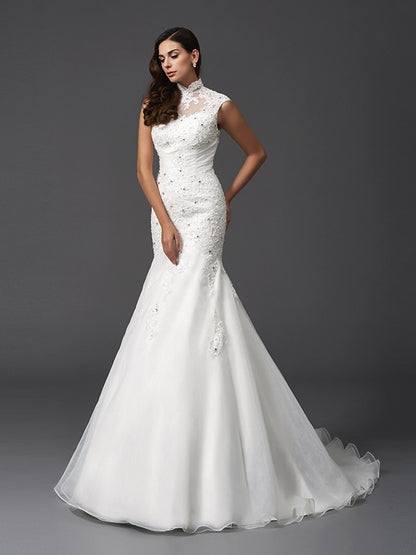 Trumpet/Mermaid High Neck Beading Sleeveless Long Organza Wedding Dresses