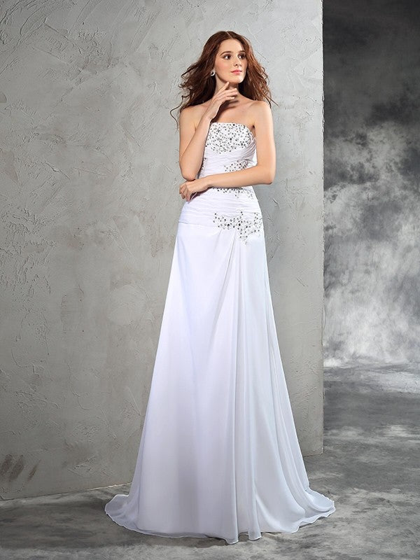 Sheath/Column Strapless Beading Sleeveless Long Chiffon Wedding Dresses