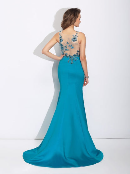 Trumpet/Mermaid Scoop Applique Sleeveless Long Satin Dresses