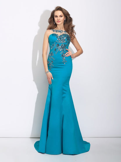 Trumpet/Mermaid Scoop Applique Sleeveless Long Satin Dresses