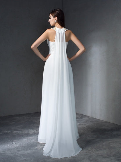 A-Line/Princess Jewel Beading Sleeveless Long Chiffon Dresses