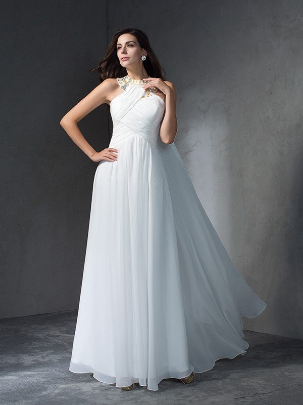 A-Line/Princess Jewel Beading Sleeveless Long Chiffon Dresses