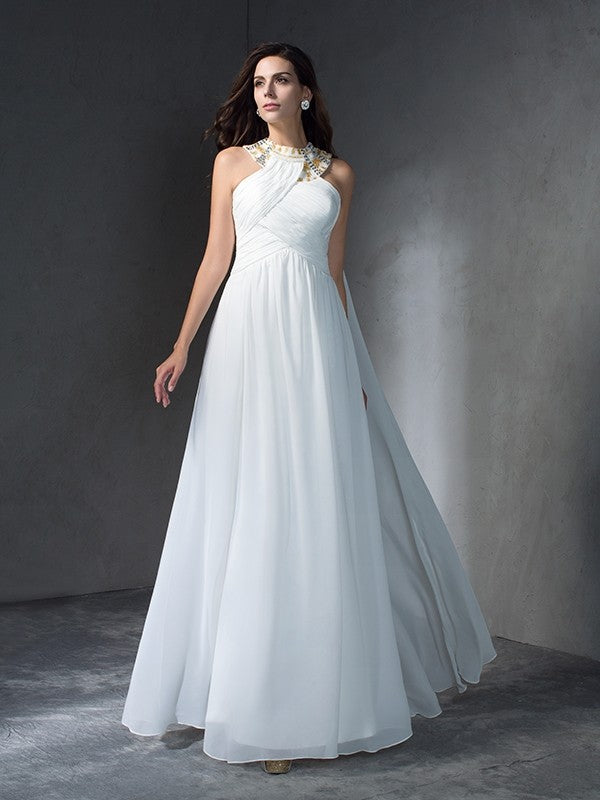 A-Line/Princess Jewel Beading Sleeveless Long Chiffon Dresses