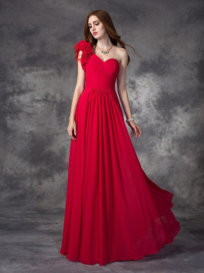 A-line/Princess One-Shoulder Hand-Made Flower Sleeveless Long Chiffon Dresses