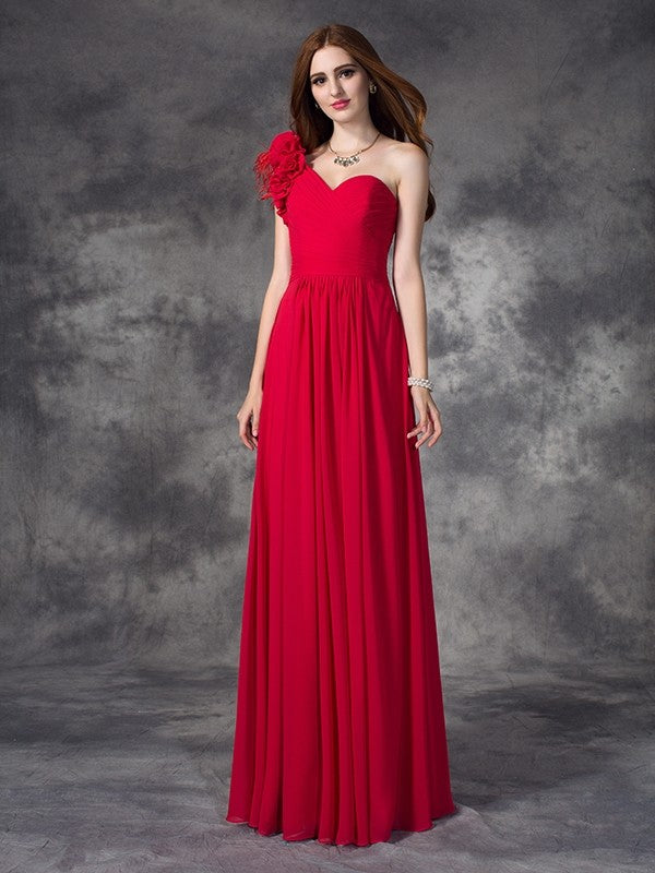 A-line/Princess One-Shoulder Hand-Made Flower Sleeveless Long Chiffon Dresses