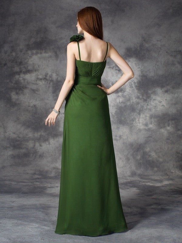 A-line/Princess V-neck Hand-Made Flower Sleeveless Long Chiffon Bridesmaid Dresses