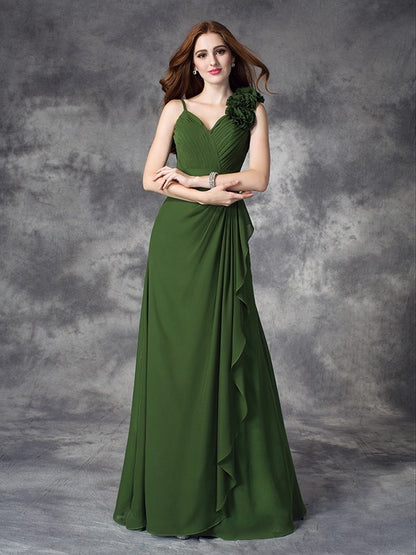 A-line/Princess V-neck Hand-Made Flower Sleeveless Long Chiffon Bridesmaid Dresses