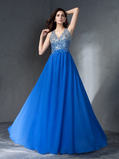 A-Line/Princess V-neck Beading Sleeveless Long Chiffon Dresses