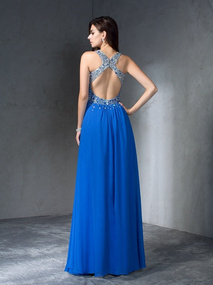 A-Line/Princess V-neck Beading Sleeveless Long Chiffon Dresses