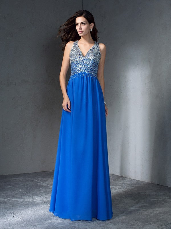 A-Line/Princess V-neck Beading Sleeveless Long Chiffon Dresses