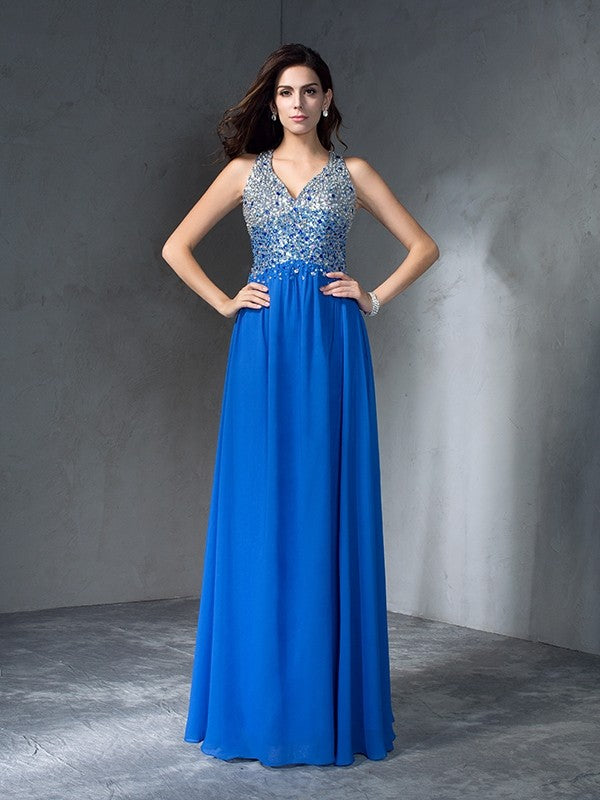 A-Line/Princess V-neck Beading Sleeveless Long Chiffon Dresses