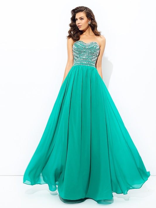 A-line/Princess Sweetheart Beading Sleeveless Long Chiffon Dresses