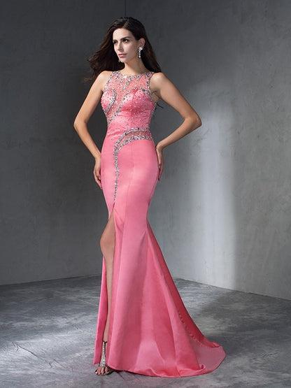 Trumpet/Mermaid Scoop Beading Sleeveless Long Satin Dresses