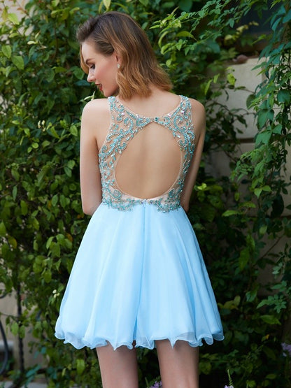 A-Line/Princess Scoop Sleeveless Organza Beading Short/Mini Dresses