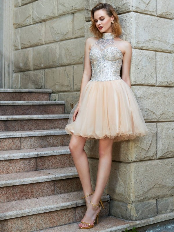 A-Line/Princess Halter Sleeveless Beading Net Short/Mini Dresses