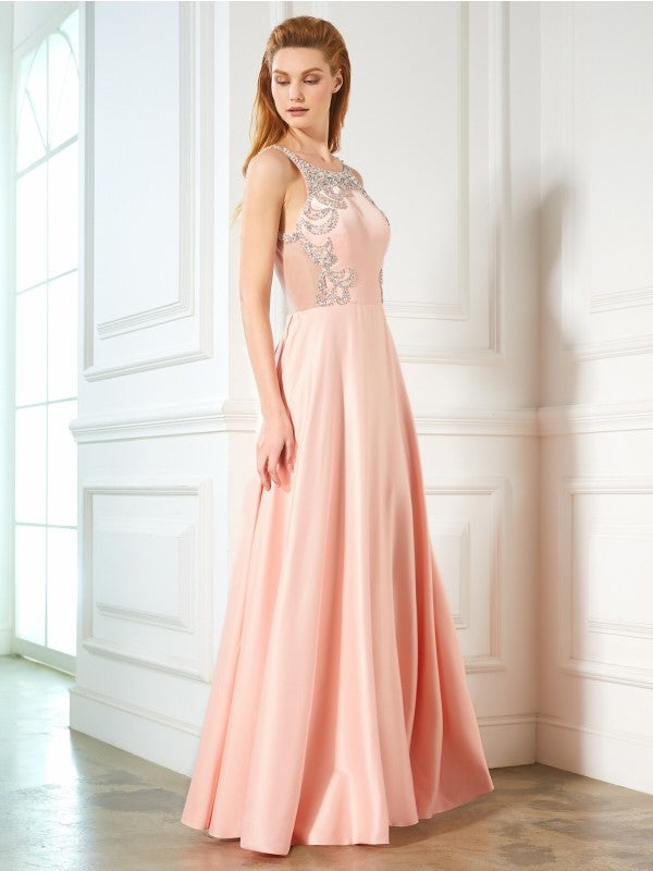 A-Line/Princess Scoop Beading Sleeveless Satin Floor-Length Dresses