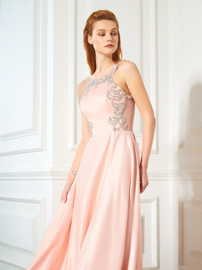 A-Line/Princess Scoop Beading Sleeveless Satin Floor-Length Dresses