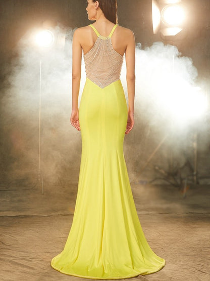 Trumpet/Mermaid V-neck Sleeveless Sweep/Brush Train Beading Spandex Dresses