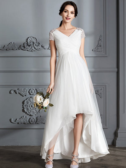 A-Line/Princess V-neck Short Sleeves Asymmetrical Tulle Wedding Dresses