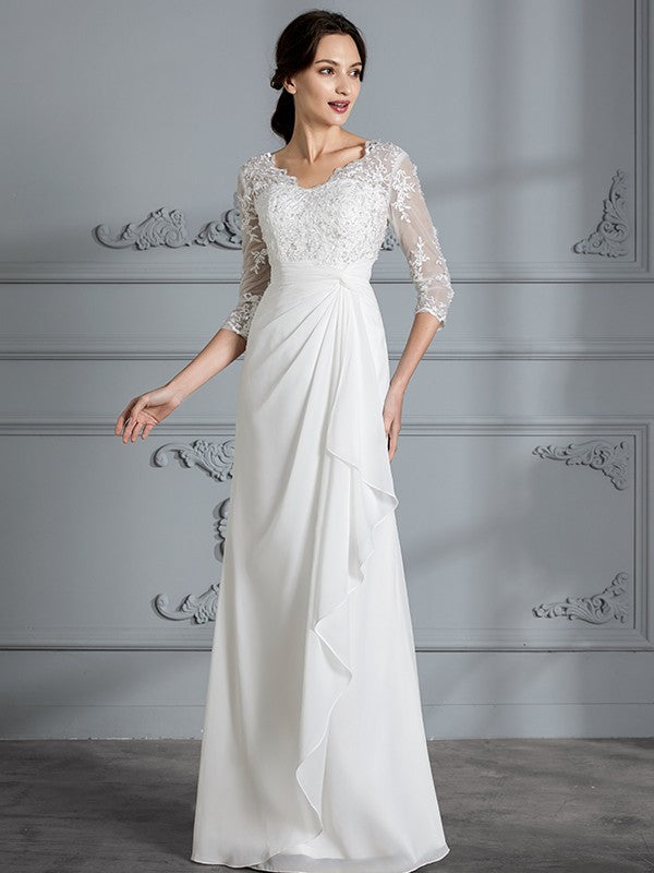 Sheath/Column V-neck 3/4 Sleeves Chiffon Floor-Length Wedding Dresses