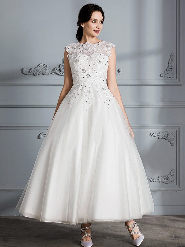 Ball Gown Scoop Sleeveless Tea-Length Tulle Wedding Dresses