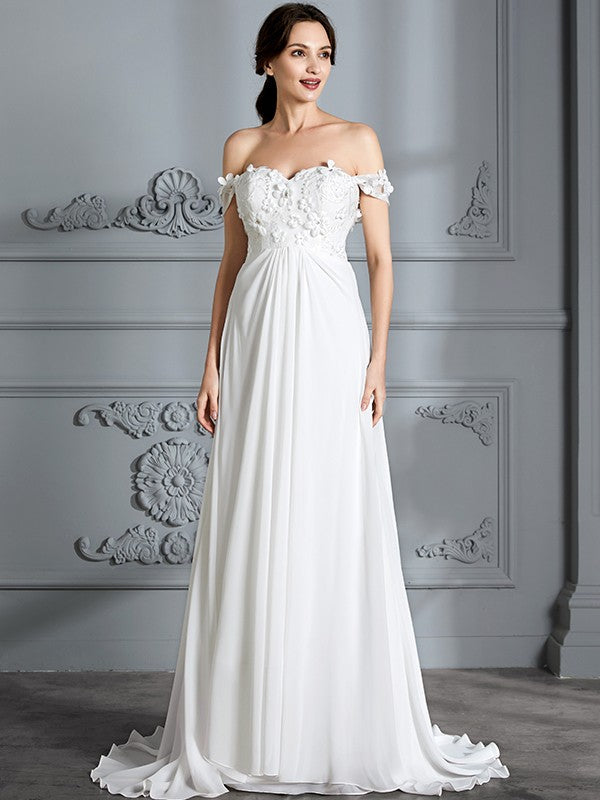 A-Line/Princess Off-the-Shoulder Sleeveless Chiffon Sweep/Brush Train Wedding Dresses