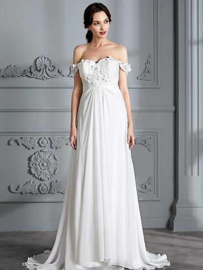 A-Line/Princess Off-the-Shoulder Sleeveless Chiffon Sweep/Brush Train Wedding Dresses