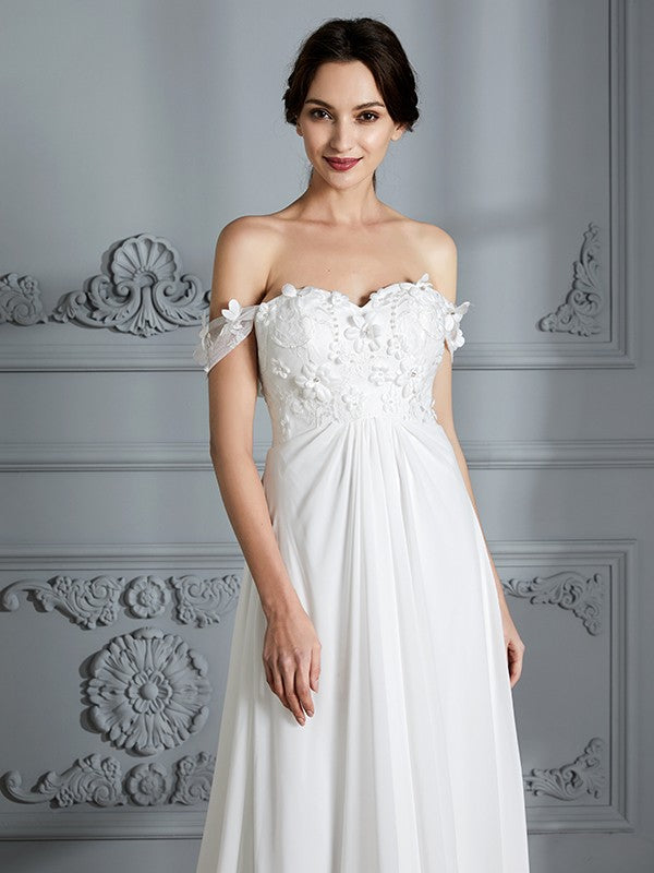 A-Line/Princess Off-the-Shoulder Sleeveless Chiffon Sweep/Brush Train Wedding Dresses