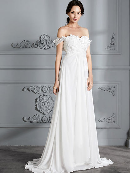 A-Line/Princess Off-the-Shoulder Sleeveless Chiffon Sweep/Brush Train Wedding Dresses