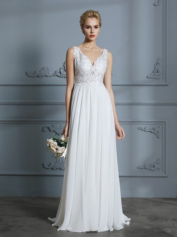 A-Line/Princess Sleeveless V-neck Sweep/Brush Train Chiffon Wedding Dresses