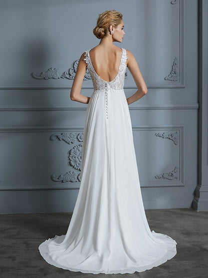 A-Line/Princess Sleeveless V-neck Sweep/Brush Train Chiffon Wedding Dresses