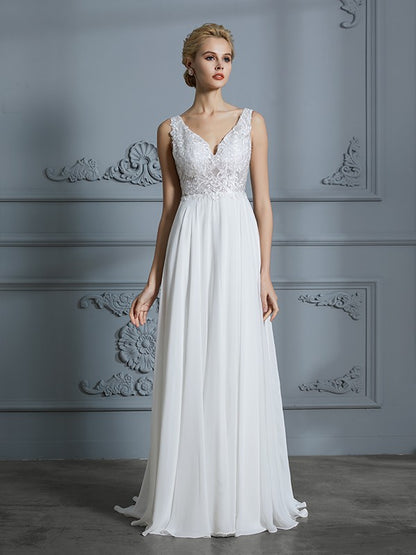 A-Line/Princess Sleeveless V-neck Sweep/Brush Train Chiffon Wedding Dresses