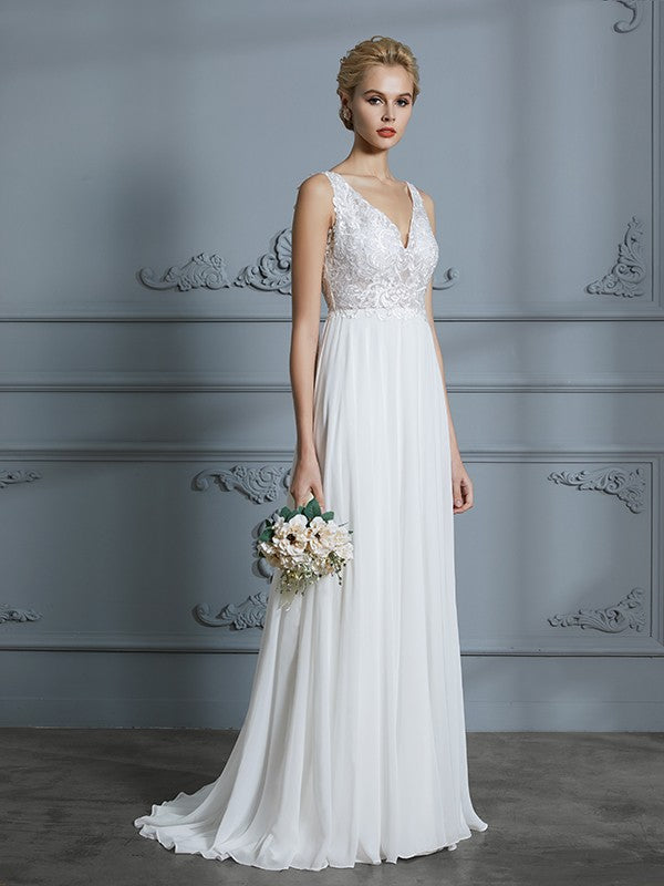 A-Line/Princess Sleeveless V-neck Sweep/Brush Train Chiffon Wedding Dresses