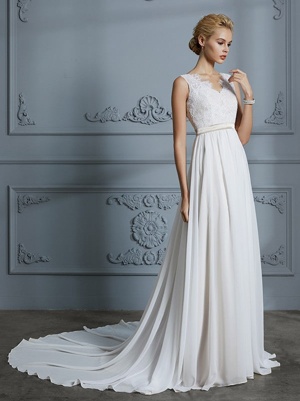 A-Line/Princess Sleeveless V-neck Chiffon Court Train Wedding Dresses