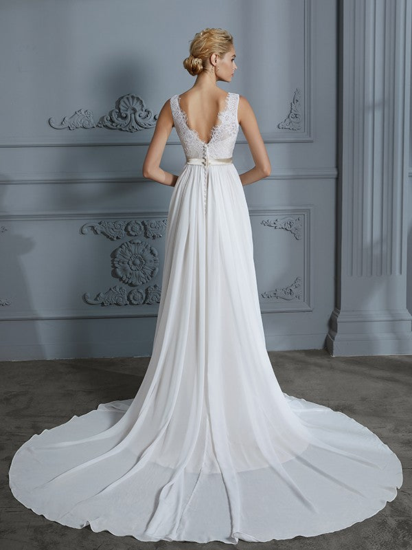 A-Line/Princess Sleeveless V-neck Chiffon Court Train Wedding Dresses