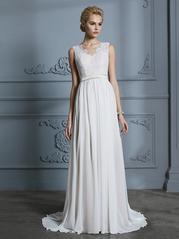 A-Line/Princess Sleeveless V-neck Chiffon Court Train Wedding Dresses