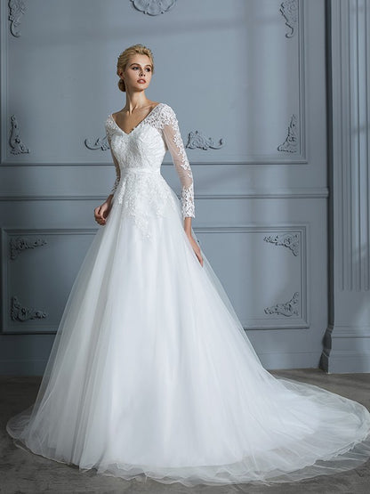 Ball Gown V-neck Long Sleeves Court Train Lace Tulle Wedding Dresses