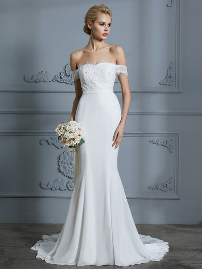 Trumpet/Mermaid Off-the-Shoulder Sleeveless Lace Chiffon Sweep/Brush Train Wedding Dresses