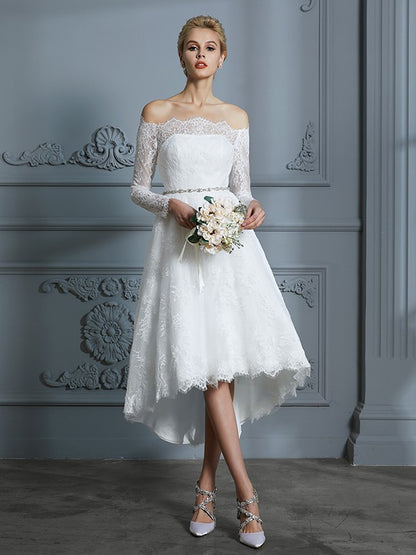 A-Line/Princess Long Sleeves Off-the-Shoulder Asymmetrical Lace Wedding Dresses